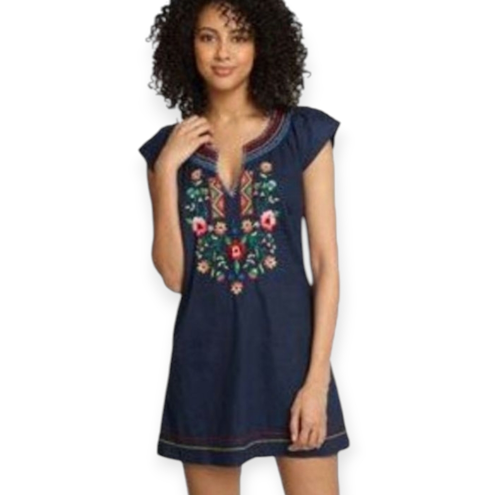 LUCKY BRAND Linen Blend Dress Navy Embroidered Tunic  Size Medium Boho Summer